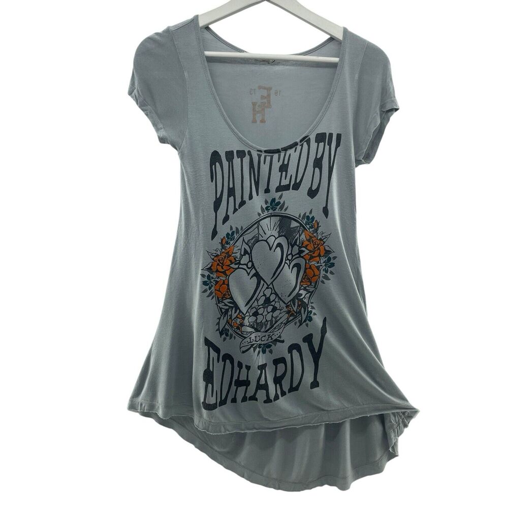 Ed Hardy XS Christian Audugigier T-Shirt Asymmetrical Short Sleeve Gray Floral‎